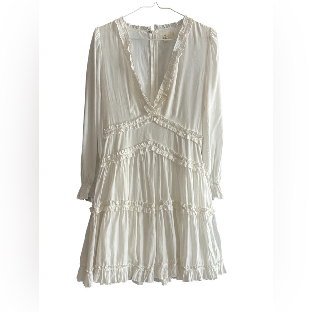 NWOT Mable White Long Sleeve Plunge Ruffle Elegant Mini Dress Size Medium